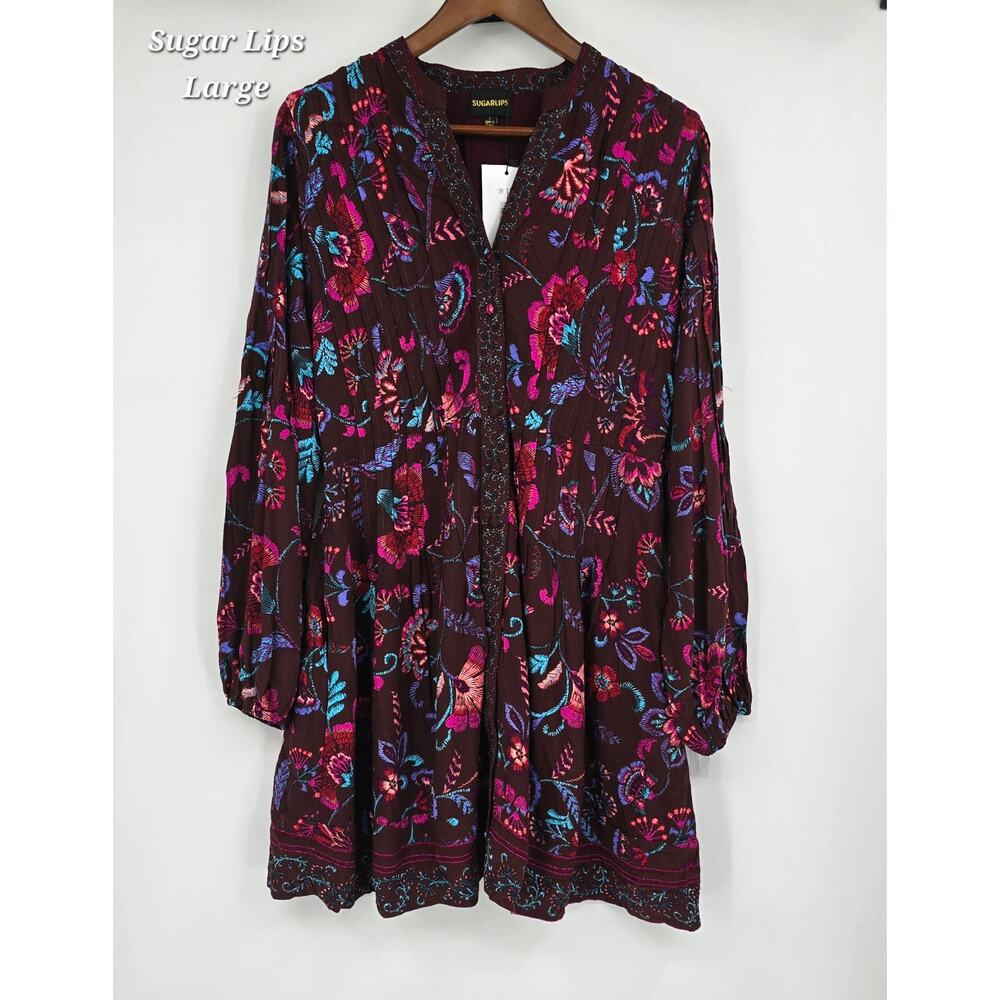 SugarLips Tory Paisley Button Front Mini Dress L Burgundy Boho Whimsigoth NWT